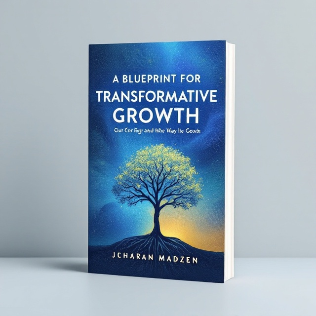 The cover features an upward-swirling abstract pattern resembling a growth curve or upward spiral, in a vibrant blue gradient transitioning into a gold hue. In the foreground, a silhouette of a tree with deep roots is subtly visible, emphasizing growth and stability. The background is filled with a serene, textured sky bringing in a feeling of limitless potential.