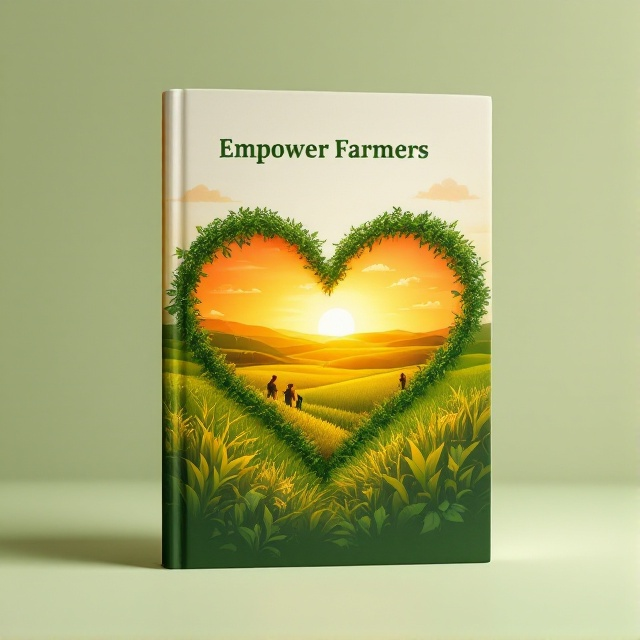 A heart-shaped silhouette of a vibrant farmland at the center, with a rising sun in the background casting a golden hue across the landscape. The colors are warm, featuring lush greens, rich browns, and radiant yellows. Small figures of farmers are working the field, symbolizing dedication and care.