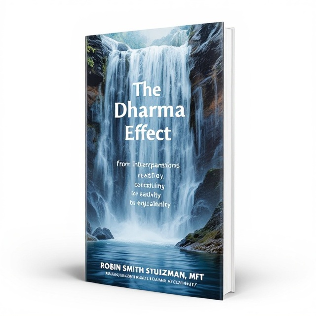 A striking vertical waterfall dominates the cover, rendered in calming blue and gray hues. Water cascades turbulently from near the top of the cover, bearing the words "physical sensations, thoughts, emotions, core beliefs, reactive intention, selfing, wanting, not-wanting" vertically integrated within the waterfall's flow. As the water descends into a serene, still pool, the words "equanimity, compassion, kindness, mindful communication, wise intention, interconnection" float gently across the surface, symbolizing transformation and peace. The title, "The Dharma Effect," rests boldly on top of the waterfall, drawing immediate attention amidst the rushing water.