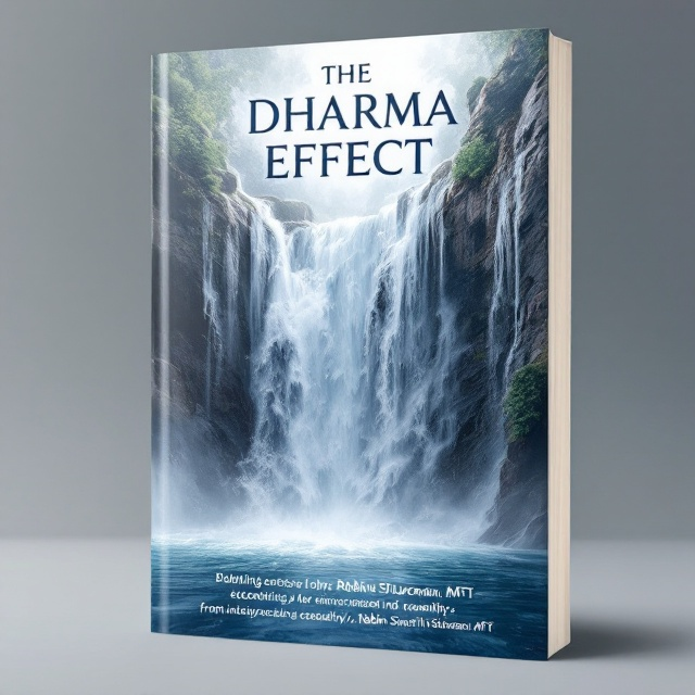 A turbulent waterfall cascades from slightly below the top of the cover, dominating the center with a dynamic energy. Above the waterfall is the book title in bold, compelling letters. Struggles such as "physical sensations, thought, emotions, reactive intention, core beliefs, wanting, not-wanting" appear tumbling through the waterfall, twisted and vertical, symbolizing chaos and turmoil. Below, in a tranquil pool at the foot of the waterfall, peaceful words like "equanimity, kindness, compassion, mindful communication, interconnection, wise intention" softly float, visually representing serenity and calm. The sides of the waterfall feature a muted blue/gray color scheme that provides contrast but remains non-distracting.
