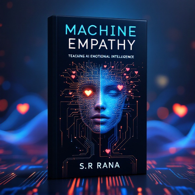 A central visual features a half-human, half-machine face seamlessly integrated with neural patterns, symbolizing the fusion of empathy and technology. Surrounding this central image are digital circuits and subtle heart motifs intertwined with glowing circuits. The background is composed of a sleek gradient with waves and digital matrix elements, hinting at neural networks.