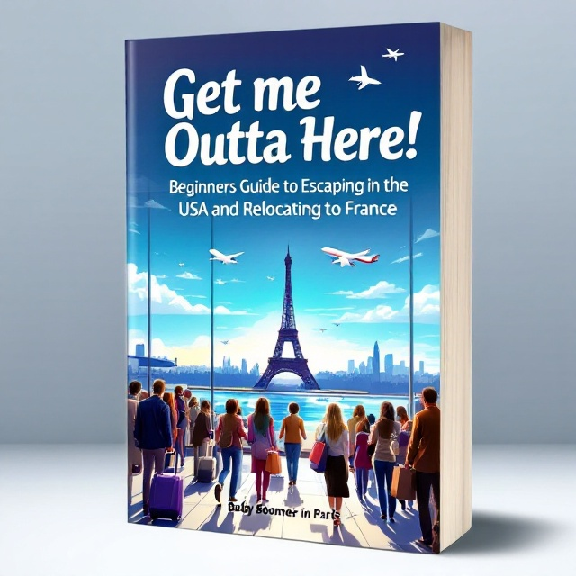 The cover features a dynamic scene of a bustling airport. In the foreground, there are diverse groups of people carrying luggage and packages, their body language conveying urgency and excitement. In the background, the iconic silhouette of the Eiffel Tower peeks above the horizon, visible through large airport windows. Planes soar across a deep blue sky, symbolizing transition and movement. The Seine River subtly weaves through the scene in a wavy pattern, anchoring the concept of Paris in the viewer's mind.