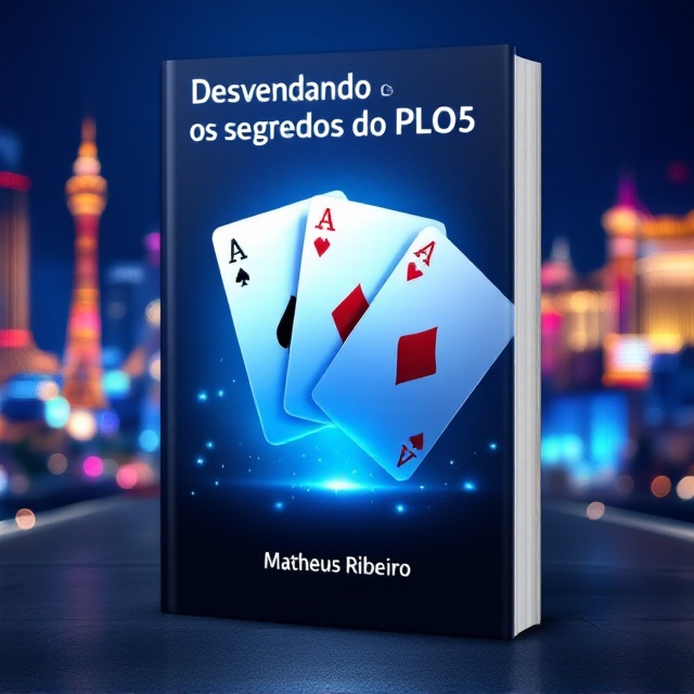 The cover features a dynamic Las Vegas skyline at night with bright lights and a subtle blue hue, creating an engaging atmosphere. Five stylized poker cards float in the foreground, each displaying a different suit, and arranged in a fan-like manner. The cards are designed with sharp, modern lines and highlighted in white to contrast with the blue background, symbolizing the strategic complexity of PLO5 poker.