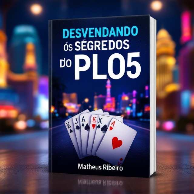 The cover features a nighttime scene of the Las Vegas strip, with its iconic neon lights and towering casinos. In the foreground, five different playing cards are fanned out, each one distinct and representing a hand from PLO5 poker. The city lights provide a vibrant background that accentuates the theme of poker and gambling. The playing cards are strategically placed to draw attention, with the title "Desvendando os segredos do PLO5" prominently displayed above them in bold letters.