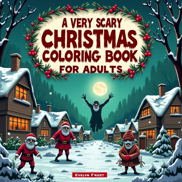 The cover features a chilling, snowy landscape with zombie skeleton Santas stalking through a haunted Christmas village. Zombie elves peer mischievously from behind dimly lit, crumbling ornaments, while a sinister zombie Krampus looms ominously in the background, casting long shadows with his towering presence. The color palette is a blend of eerie greens, cold blues, and blood reds, which lends an unsettling festive feeling to the scene.