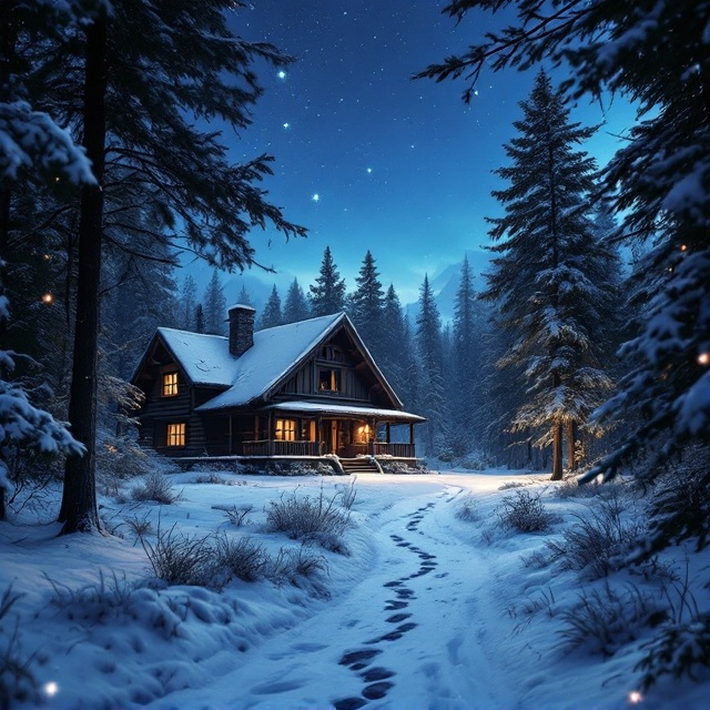 A tranquil yet haunting scene of a large, rustic cabin nestled in a dense forest. Snow blankets the ground, shimmering under a starry night sky. The path to the cabin is marked by a single line of footprints, suggesting solitude and mystery. The trees are densely packed, casting long shadows across the snowy landscape.
