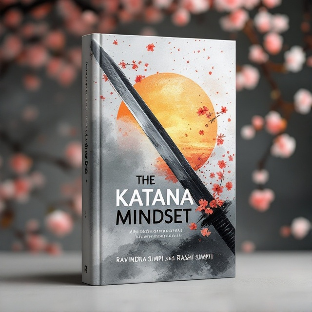 A partially shown katana blade diagonally crossing the cover, with an abstract watercolor effect that mimics a sunrise behind the blade. Subtle hints of cherry blossoms appear in the background, surrounded by a monochromatic palette with a hint of gold leaf as an accent.