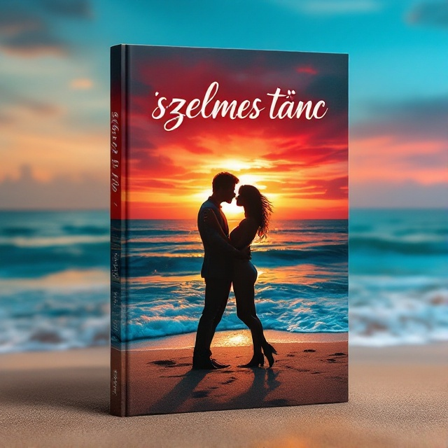 The cover features a couple dancing intimately on a beach at sunset, their silhouettes softly merging as they lean in for a kiss. The background showcases a vibrant red and orange sunset melding with a calm blue ocean, enhancing the romantic mood. The sand of the beach is subtly textured to add depth, and gentle waves roll onto the shore.