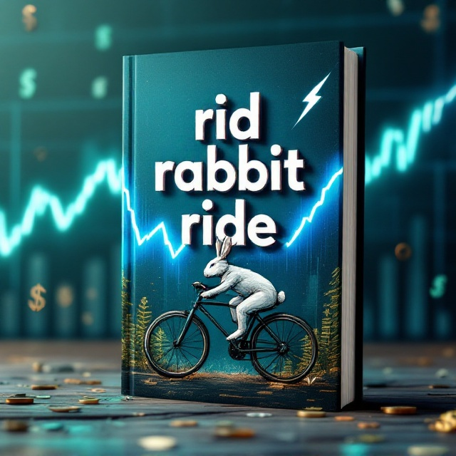 A dynamic scene with a vivid stock market chart in the background, highlighted by volume bars. The setting is animated with scattered dollar signs symbolizing wealth and success. A large, electric-blue lightning bolt stretches diagonally across the back, lending energy and movement. Centered is a sketch of an abstract rabbit on a bike, smartly designed with a lightning bolt symbol on its side to signify swiftness and agility.