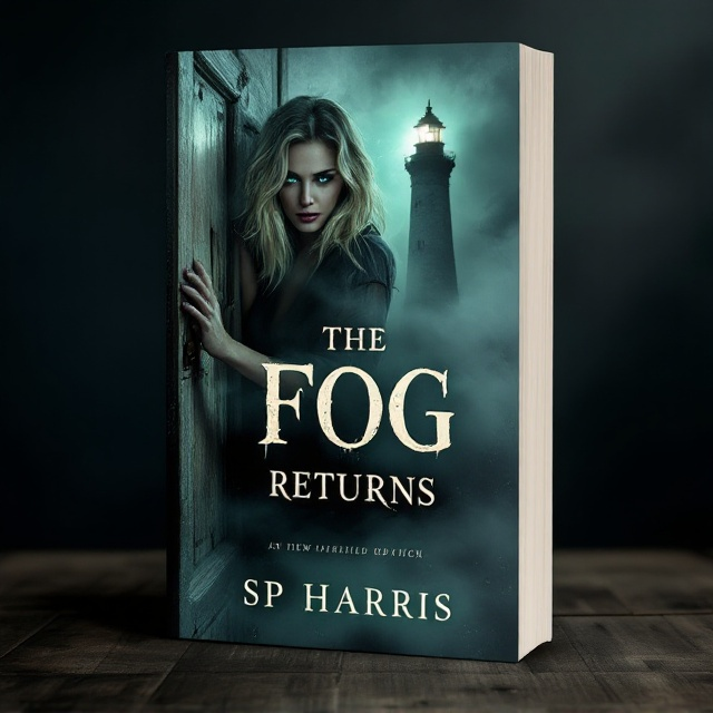 The cover features a chilling scene where a beautiful blonde journalist with shoulder-length hair and dark blue eyes is shown bracing against a wooden door. Her expression is one of terror and determination as wisps of ethereal fog seep through the cracks. Behind her looms an iconic lighthouse, shrouded in a mysterious, swirling fog with its light cutting through the darkness. Shadows of undead figures are barely visible within the fog, creating a sense of encroaching dread. The color palette is predominantly black and dark green, with subtle hints of grey and white to accentuate the fog.
