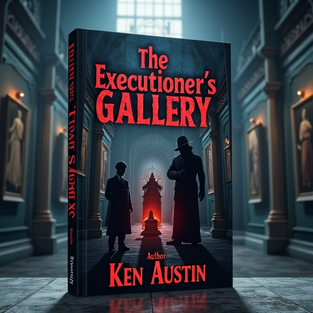 The cover features a dramatic scene within a dimly lit art gallery. The left third of the cover showcases the figure of a curator, clad in a dark suit, their hand clasping a ledger close to their chest. To the right, a towering executioner stands near an ornate pedestal bathed in a faint red glow, his massive, blood-streaked axe shining under the gallery's somber lighting. The gallery walls are shadowy, adorned with eerie paintings, enhancing the sense of mystery. Flickers of blue and brown highlights add depth to the grayscale backdrop.