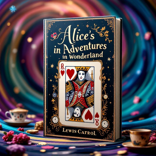 A swirling, colorful backdrop reminiscent of a dream. A stylized illustration of a deck of cards prominently features the Queen of Hearts with a whimsical touch, featuring slight hand-drawn aesthetics. Surrounding the cards are subtle elements like clocks and teacups hinting at the fantastical narrative.
