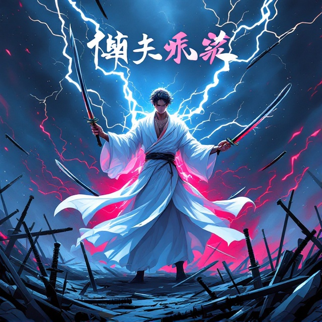 An anime-style illustration of a man in a flowing white robe with black lightning coursing over his body. Several swords float ominously around him. He stands confidently on a battlefield strewn with various weapons. The background is a dramatic blend of blue and red hues, providing a contrasting atmosphere. The title "开局觉醒三SSS，然后一路无敌" is displayed prominently across the top, with the author's name "虚无剑仙" subtly positioned at the bottom.