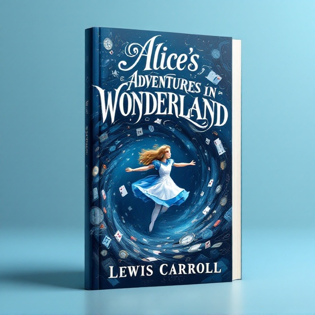 Alice is depicted mid-fall, surrounded by a swirl of clocks, teacups, and playing cards, creating a vortex effect. The background is a gradient from light blue at the top to dark blue at the bottom, indicating her journey into the depths of the rabbit hole. The objects appear to be floating alongside her, enhancing the whimsical and chaotic essence of Wonderland.