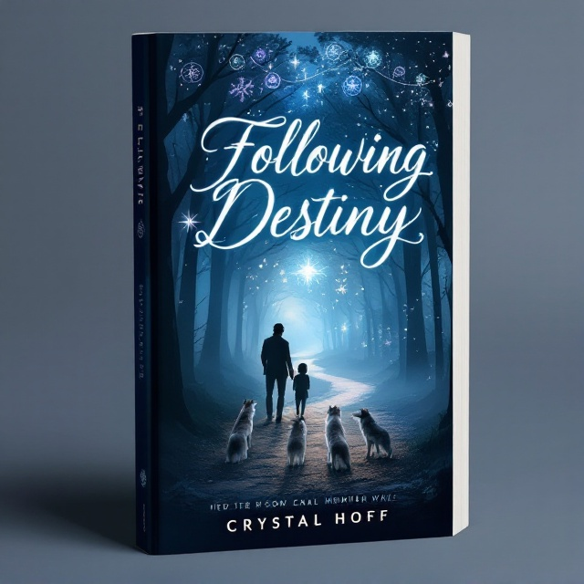 The cover features a serene forest scene at twilight with a winding path disappearing into a misty horizon; in the foreground stands a silhouette of a group with a determined posture, flanked by three husky pups, one noticeably with three legs. Above them, faint, glowing mystical symbols float gracefully, evoking a sense of destiny and magic.