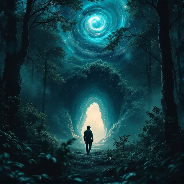 A dark, mysterious forest fills the cover with dense, shadowy trees. The center features a rugged, adventurous man in uniform, cautiously exploring the undergrowth. Behind him, a mystical cave entrance glows subtly, drawing a path into a swirling galaxy that fades into the background. The impression of a distant, shadowy planet hangs in the sky like a hidden secret.
