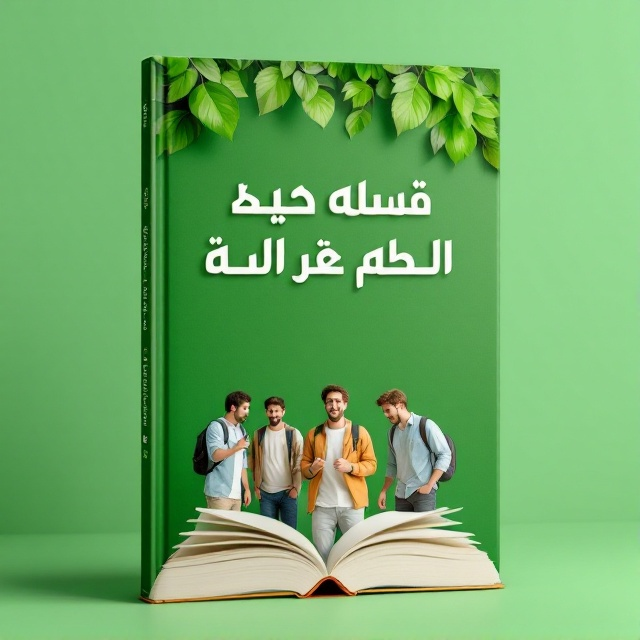 A vibrant green cover featuring several lush leaves scattered at the top. At the center, a closed book with a few pages slightly flipping is surrounded by three male students dressed in casual school attire, energetically interacting with each other. The background is a gradient of light to dark green, enhancing the natural and calming effect.