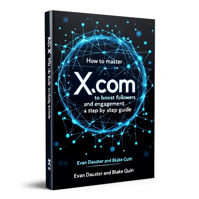 The cover features an interwoven network of digital lines and nodes forming a globe-like web, representing the interconnected world of social media. A smartphone and a computer are subtly integrated into the design, highlighted by a dynamic gradient of electric blue and deep black hues. The X.com logo is prominent, drawing the eye to its central position within the network.