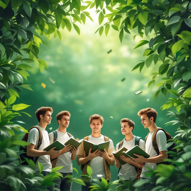 A lush green background depicting a canopy of leaves. In the foreground, several young male students, each holding a book and looking engaged, are semi-transparent to blend with the natural environment. The cover also includes floating books around the students.