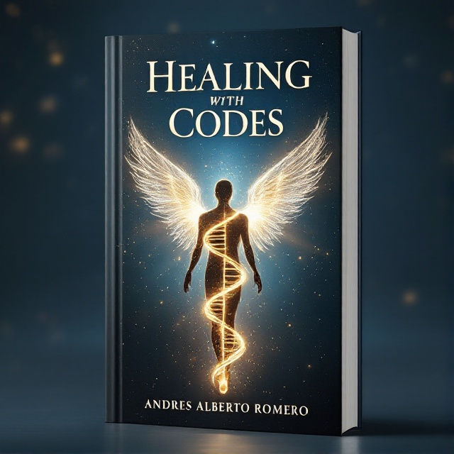 A glowing gold DNA helix entwines through a translucent human silhouette in a full-body pose, set against a serene, celestial sky filled with soft, radiant light beams. The top portion of the cover features the title, with faint, ethereal white wings extending from the silhouette.