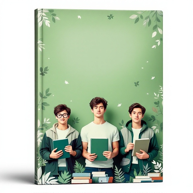 A green cover with subtle illustrations of leaves scattered across the surface. Three male students stand prominently in the foreground holding various science and technology books. The students appear engaged and curious, set against a backdrop of illustrated bookshelves.