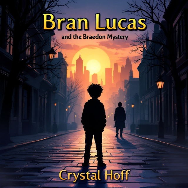 An illustration of the streets at twilight with a warm gradient reflecting sunset colors; an eight-year-old Bran Lucas stands mid-picture, looking bewildered. In the distance, a shadowy figure, the silhouette of a burglar, merges almost seamlessly with the darkening skyline, adding an air of intrigue. Subtle details of a distant bank vault and Oliver’s comforting figure in soft focus frame the edges, subtly hinting at the storyline.