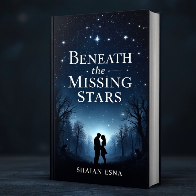 A mysterious night sky filled with twinkling stars, among which one is noticeably missing, dominates the top of the cover. Below, shadowy silhouettes of two figures in a subtle embrace are set against a twilight landscape of dense, foreboding woods. A sense of looming danger is signified through shadowy creatures lurking in the corners, eyes barely visible in the twilight, creating an uneasy blend of romance and suspense.