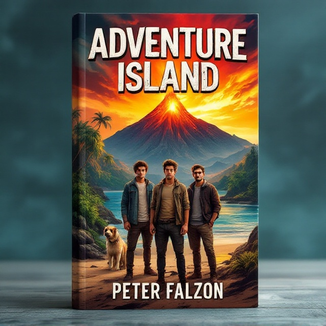 Three young men, each displaying determination, are positioned prominently on the foreground beach of an island. A loyal dog stands beside them, looking forward. Behind them, a vivid depiction of a lush forest transitions to rugged mountains and culminates in a smoldering volcano that hints at imminent adventure. The sky is a vibrant mix of orange hues suggesting the break of dawn or the onset of an intense journey. The landscape is dynamic and evokes a sense of momentum and excitement.