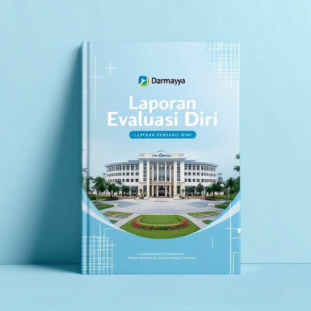 A clean, modern cover featuring a full-page photo of Darmajaya Lampung Indonesia Campus, set against a light blue backdrop. The Darmajaya logo is prominently placed at the top center, and the book title "Laporan Evaluasi Diri" is placed beneath the logo in a bold, professional font. Additional design elements include subtle geometric patterns in white that add a touch of sophistication without overwhelming the primary image.