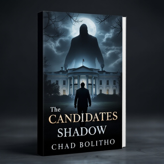 The cover features a nighttime scene with the White House prominently in the background, shrouded in shadows and only partially illuminated by moonlight. A large, looming shadow of a man walks towards it, positioned in the foreground. The atmosphere is eerie and suspenseful, with swirling grey clouds adding to the mysterious tone. The entire scene is colored in varying shades of grey to emphasize the dark and mysterious mood.