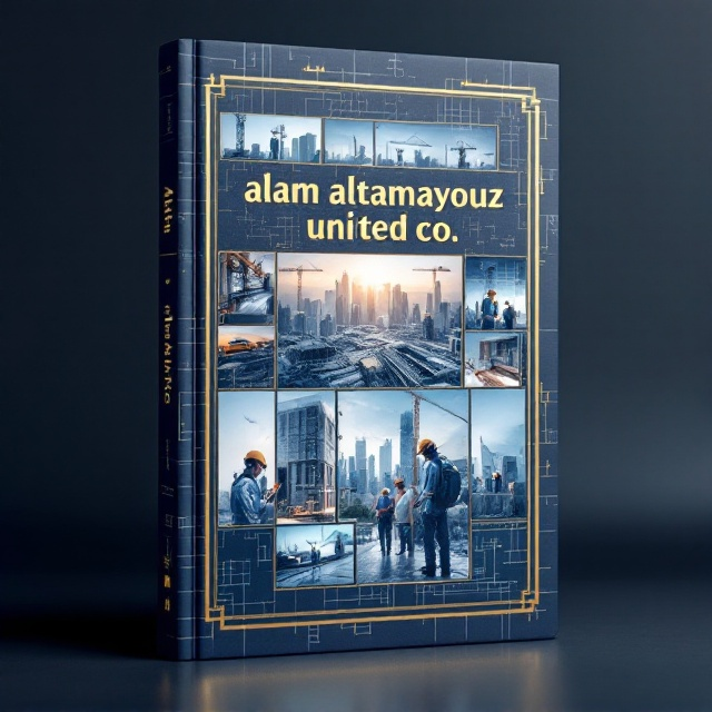 A montage of high-resolution construction photos takes center stage, displaying dynamic images of construction projects and workers actively engaging in their tasks. A subtle, abstract overlay of blueprint designs in a darker hue of blue provides depth and intricacy. The company's name, "alam altamayouz united co.", is stamped boldly in gold, resonating with the theme, and framed by sleek, gold lines that accentuate the professional tone.