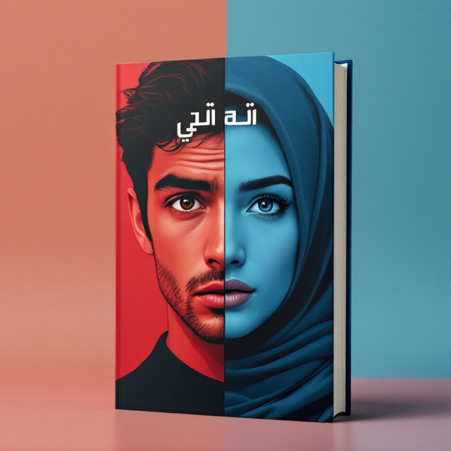 The cover features a simplistic design with a bisected background—half in deep red and half in calming blue. On the red side, a striking image of a young man is illustrated, eyes wide with anxiety and lips slightly parted, displaying unmistakable dread. Opposing him on the blue side is an elegantly dressed young woman in a beautifully arranged hijab, her expression being calm and serene, highlighting her beauty and cultural roots. These contrasting expressions create a harmonious tension representative of the book’s theme.