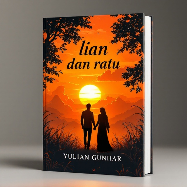 The cover features a breathtaking sunset with vibrant orange hues radiating across the sky. Silhouetted black trees frame the composition, with delicate branches casting intricate shadows. In the foreground, a man and a woman walk hand in hand, moving towards the setting sun. The woman wears a long kerudung and cadar, adding mystery and allure. Wisps of clouds swirl through the sky, while the soft motion of grass swaying suggests a gentle breeze.