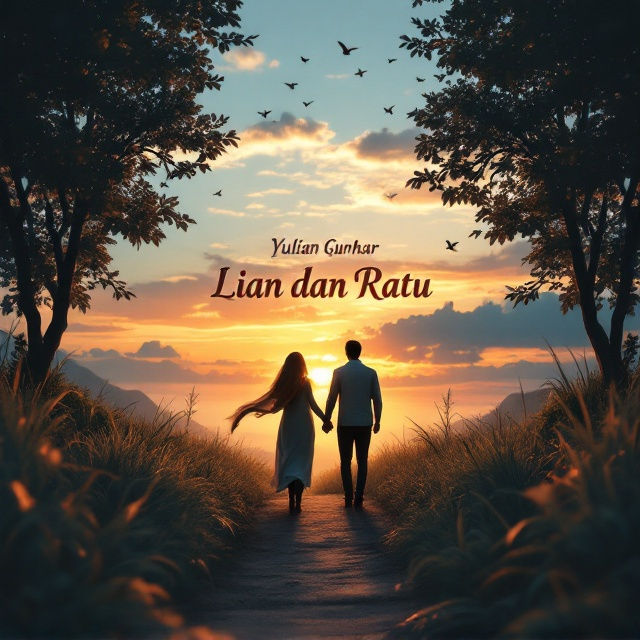 A serene scene featuring the silhouettes of trees on both sides, embracing a narrow path. Along this path, a couple walks hand in hand towards a mesmerizing sunset. The woman wears a long flowing scarf, adding grace to her silhouette. The horizon displays a stunning gradient of orange merging into blue, scattered with wisps of clouds and birds in flight, with blades of grass swaying gently in the breeze.