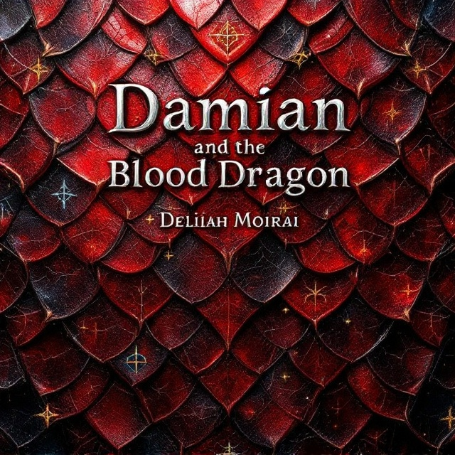 A close-up focus on shimmering dark red dragon scales occupying the entire front cover, providing texture and a sense of depth. The scales have an iridescent quality, reflecting varying shades of dark red and black. Set against this textured background, subtle strokes of blue and gold magical symbols weave through the scales, hinting at mysticism and adventure.