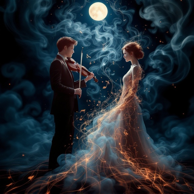 An intricate, swirling dark warm gradient background imitating the texture of rich, deep mahogany wood, symbolizing the body of a violin. Ethereal wisps of smoke weave through like musical notes, leading to the outlines of two figures—Soobin with a violin and Yeonjun poised with a piano, their silhouettes wrapped in tendrils of music. At the top, a moonlit halo illuminates subtly detailed sheet music of Chaconne's score, casting a mysterious glow over the scene.