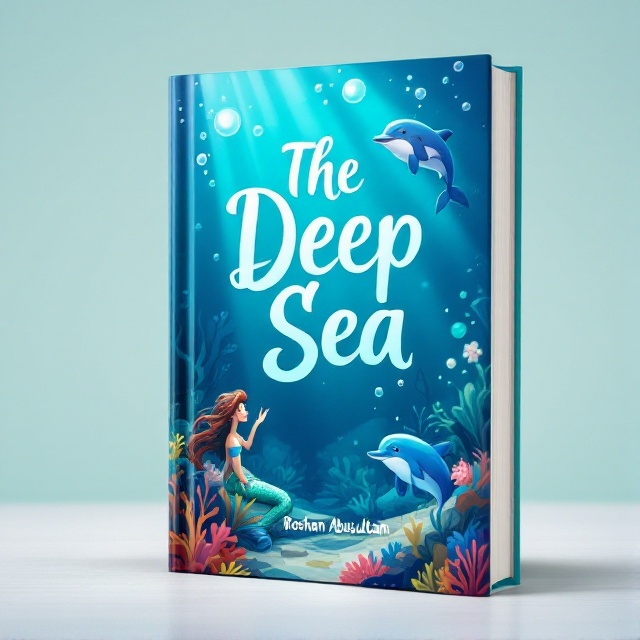 A vibrant underwater scene with a cheerful, cartoonish sea creature and colorful coral reefs; a mythical mermaid with a friendly expression interacts with a playful dolphin. In the background, light rays penetrate the deep blue water, casting an enchanting glow, and the title appears as if it were floating on bubbles.