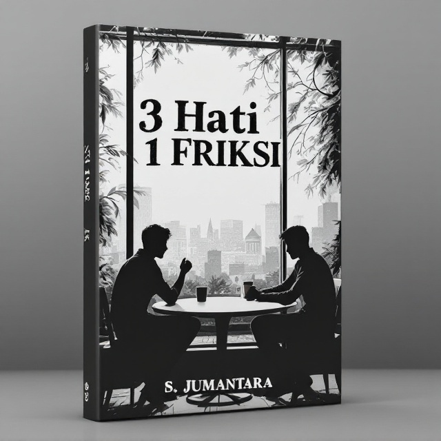 A monochromatic cover featuring a stylized illustration of a cafe with large glass windows. Inside the cafe, a single round table is prominently placed near the center of the scene. The silhouettes of three young men are seen sitting around the table, each facing a different direction. The background captures subtle elements like a cityscape through the windows and faintly defined interior decor. The overall tone is set with varying shades of black, white, and grey to evoke a sense of introspection and tension.