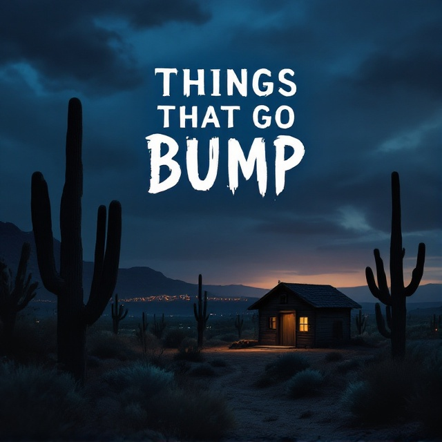 The cover features a broad view of a dimly lit desert landscape under a dusky sky, transitioning into the ominous dark of night. Silhouettes of twisted cacti are stark against the horizon. In the foreground, there is a shadowy, wooden well house partially illuminated by the muted glow of the setting sun. The distant lights of North Las Vegas twinkle faintly on the horizon, hinting at civilization beyond the desolate surroundings. The overall tone is heavy and foreboding, with shadows deepening as the eye moves toward the well house.