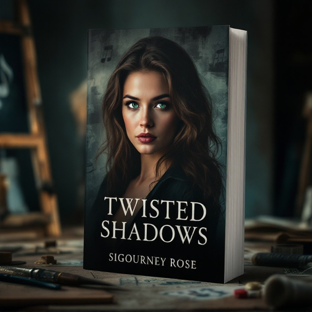 A shadowy, dimly lit scene where a woman with brown hair and green eyes stands prominently in the foreground. She exudes an aura of intrigue and intensity. In the background, a blond-haired man holds a paintbrush. Surrounding them are elements like a music note subtly etched in the corner, and the faint silhouette of a weapon slightly visible. This scene captures a blend of intense emotions—love, hate, anger, and fear—wrapped with a nostalgic undertone, presented in a semi-realistic artistic style.