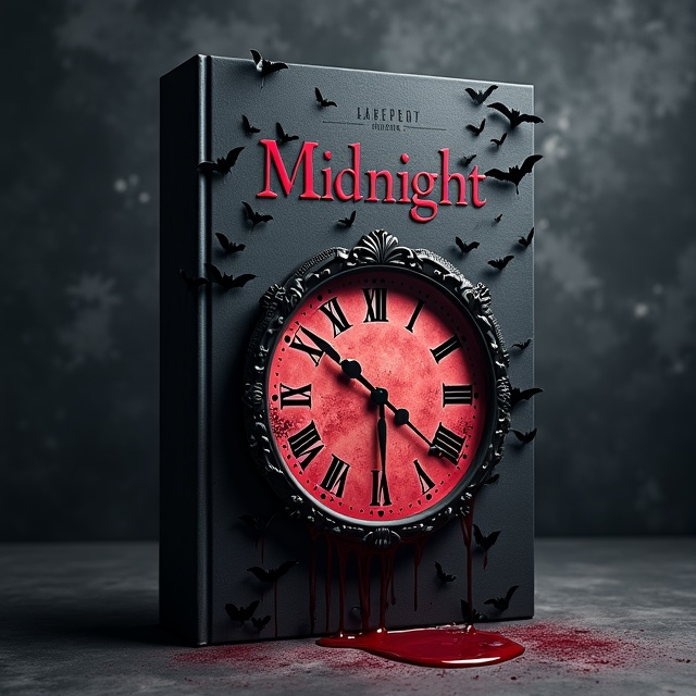 A central image of an antique clock with its face cracked and a deep red liquid resembling blood slowly dripping onto the clock hands. Surrounding the clock, a swarm of bats in flight is silhouetted against a dark, atmospheric background. The clock hands point to midnight, which is subtly highlighted.