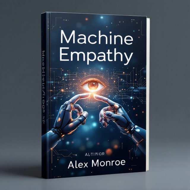 A central, visually arresting scene shows a robotic hand and a human hand poised to touch fingertips. Around them, ethereal digital interfaces and neural network lines float, seamlessly integrating into the background. A warm, human eye softly contrasts with cooler technological elements, conveying a sense of empathy. The overall color palette features deep blues and silvers, with warm gold accents threading through the neural patterns.