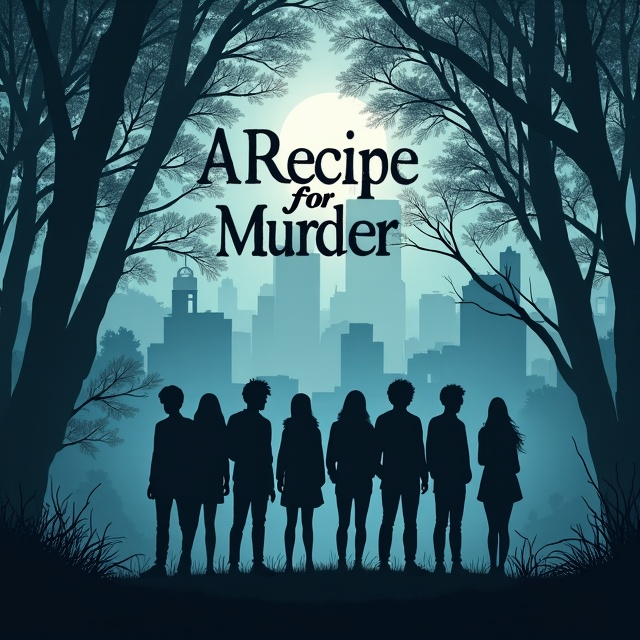 A misty, eerie cityscape serves as the backdrop, with shadows of dense, dark woods enclosing the city. In the foreground, silhouettes of eight teenagers stand in various poses, their expressions filled with determination and fear. Subtle hints of movement in the woods suggest unseen eyes watching the group. The title, “A Recipe for Murder,” is positioned above the teenagers, with subtle graphics of faintly sinister cooking utensils weaving through the background.