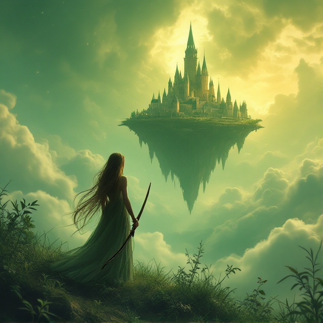 An elf with long, flowing hair stands atop a hill, looking towards a mystical floating land shrouded in clouds. Her left hand wields a bow, while a quiver rests at her right waist. The sky is an intricate blend of greens and yellows, casting an ethereal glow over the floating castle and city, creating a sense of longing and mystery.