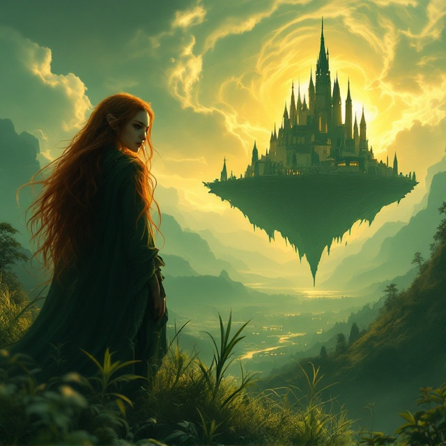 An elf with long, flowing auburn hair stands on a verdant hillock, her silhouette partially illuminated by the warm yellow glow of the setting sun. In the background, silhouetted against the ethereal sky, is a grand floating castle enveloped by swirling clouds, casting shadows on a city below. The elf’s expression is a mix of sadness and determination, with her keen eyes unwaveringly fixed on the mysterious floating realm. The sky is a mesmerizing blend of ombre greens and yellows, enhancing the otherworldly feel.