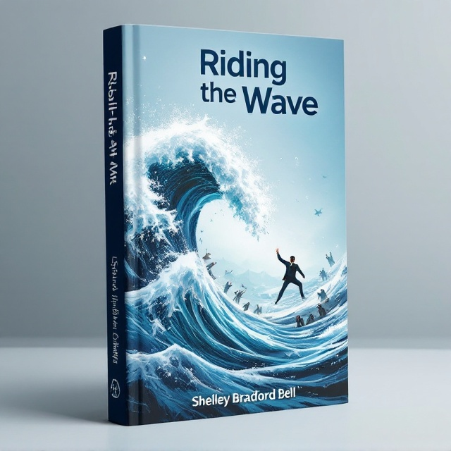 The cover features a dynamic scene with a non-profit executive director in a crisp business suit riding a large, stylized wave formed by financial graphs. The wave undulates across the entire cover, creating a sense of both opportunity and turmoil. Below the wave, in the water, are images of staff and program participants, some cheering, others looking concerned. In the background, faint silhouettes of other executives can be seen falling off their own financial graph waves, adding a layer of drama and competition. The color palette combines cool blues and greens of the ocean with sharp, contrasting lines of the graphs in metallic hues.