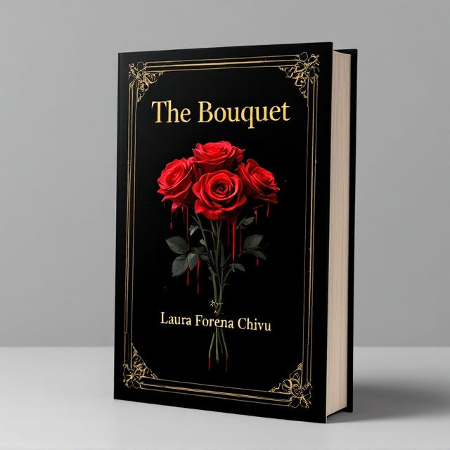 A dark background with a very thin golden outline frames the cover. Inside the outline, prominently centered, is a bouquet of roses. The roses have an eerie calmness, with blood subtly dripping from their petals, conveying a sense of both beauty and danger. The overall visual style is a hauntingly elegant blend of creepiness and aesthetic allure.