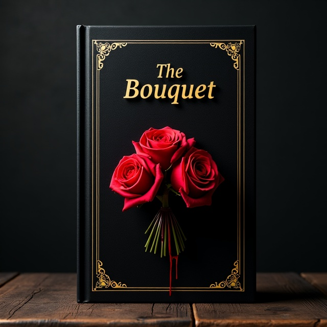 The cover features a striking arrangement of a perfectly arranged bouquet of deep red roses situated in the center of the cover. The roses are delicately detailed, with glossy petals that contrast starkly against the black background. Blood visibly drips from the bouquet, pooling slightly at the base, giving a chilling juxtaposition to the natural beauty of the flowers. The thin golden outline encases the entire picture, providing an aura of elegance and mystery.
