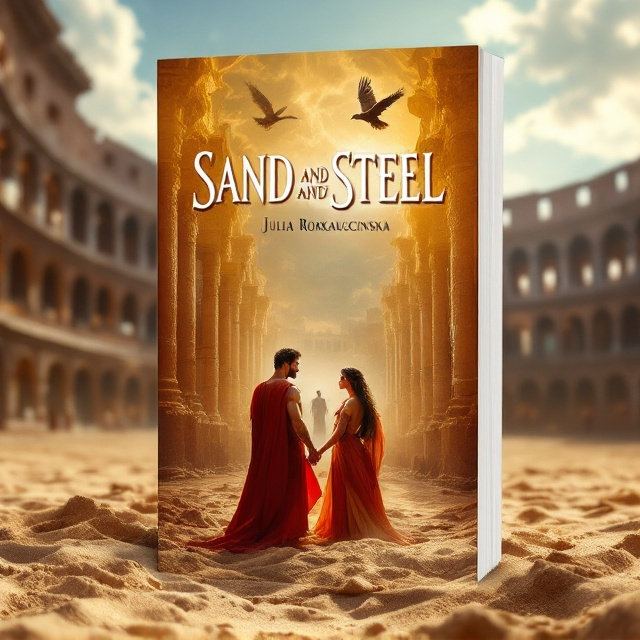 The cover features a dramatic scene set in a grand Roman arena, filled with sand and stone textures. The focal point is a gladiator and a Roman empress, both standing prominently in the foreground, the gladiator gazing longingly at the empress. Above them, a hawk soars in the bright sky, adding an element of movement and freedom. In the middle distance, a conniving Roman emperor watches them with a subtle smirk. The colosseum arches are prominently visible, giving depth to the scene.