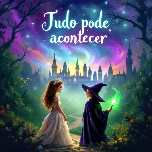 Two young girls stand at the forefront—one in elegant princess attire, complete with a shimmering tiara, and the other in a mysterious witch's cloak, clutching a wand that emanates a soft green glow. The backdrop features an ethereal, enchanted school with turrets and spires surrounded by a dense, enchanted forest. The sky above is a swirl of magical colors—violet, azure, and emerald—hinting at the blending of two worlds.